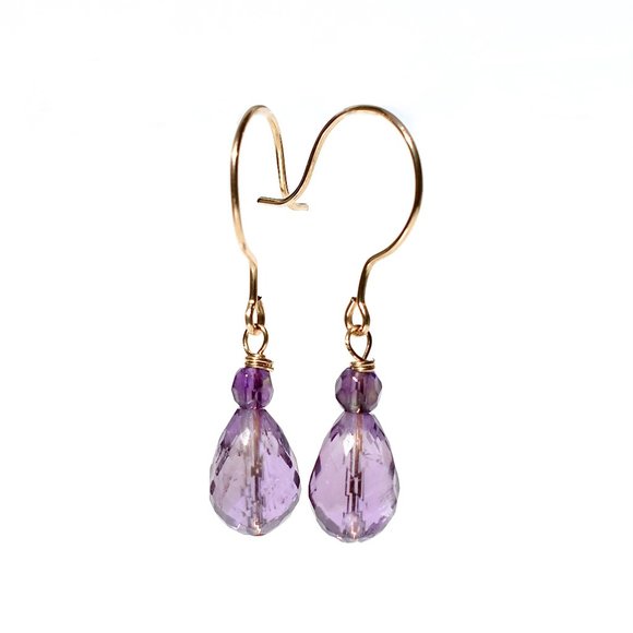 14k Gold Filled Natural Amethyst Tear Drop Dangler/ Earrings - Picture 3 of 3